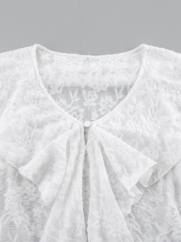 Sheer Floral Lace Women Blouse - White Elegant V-Neck Bell Sleeve Top - Coquette Fairycore Spring Date Night Wear 2026