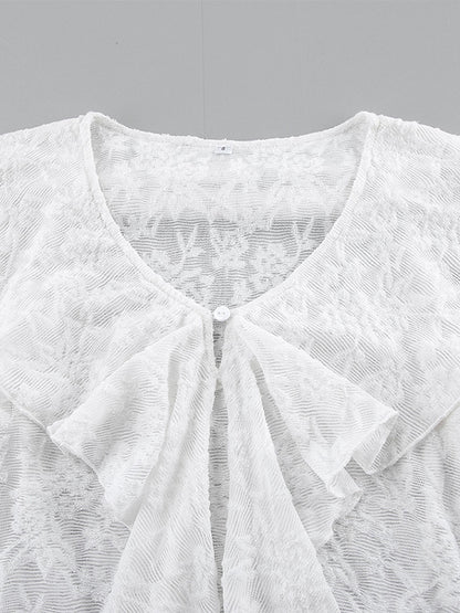 Sheer Floral Lace Women Blouse - White Elegant V-Neck Bell Sleeve Top - Coquette Fairycore Spring Date Night Wear 2026