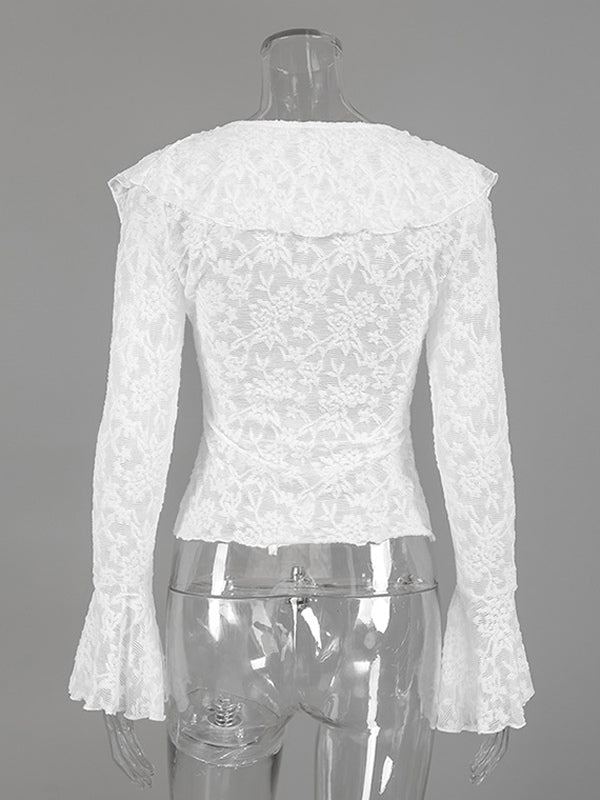 Sheer Floral Lace Women Blouse - White Elegant V-Neck Bell Sleeve Top - Coquette Fairycore Spring Date Night Wear 2026