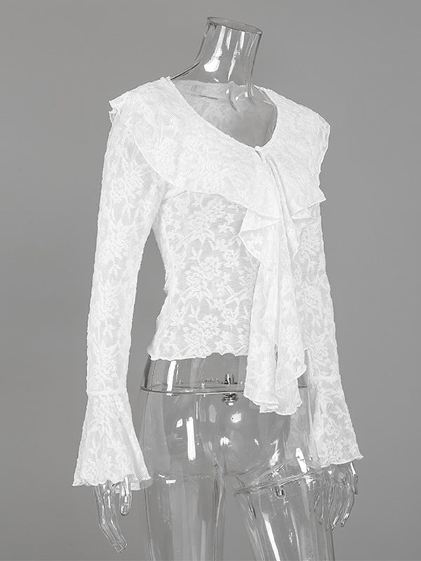 Sheer Floral Lace Women Blouse - White Elegant V-Neck Bell Sleeve Top - Coquette Fairycore Spring Date Night Wear 2026