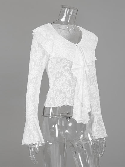 Sheer Floral Lace Women Blouse - White Elegant V-Neck Bell Sleeve Top - Coquette Fairycore Spring Date Night Wear 2026
