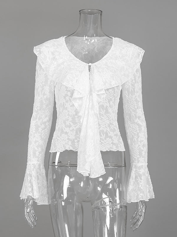 Sheer Floral Lace Women Blouse - White Elegant V-Neck Bell Sleeve Top - Coquette Fairycore Spring Date Night Wear 2026