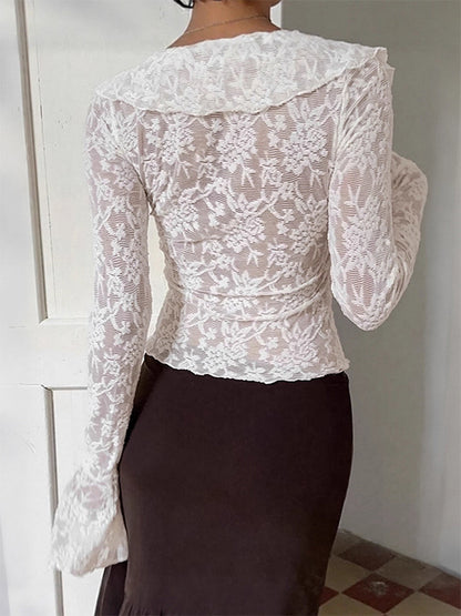 Sheer Floral Lace Women Blouse - White Elegant V-Neck Bell Sleeve Top - Coquette Fairycore Spring Date Night Wear 2026