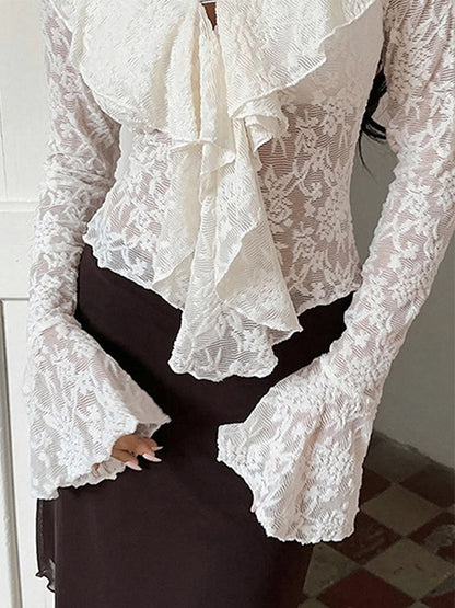 Sheer Floral Lace Women Blouse - White Elegant V-Neck Bell Sleeve Top - Coquette Fairycore Spring Date Night Wear 2026