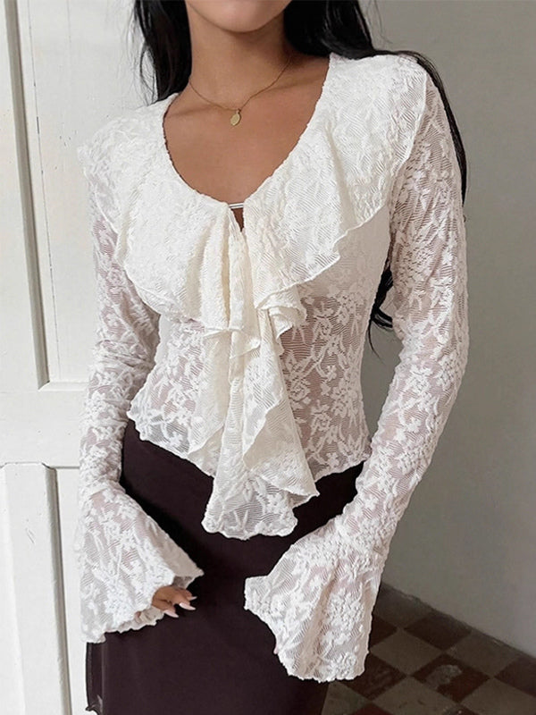 Sheer Floral Lace Women Blouse - White Elegant V-Neck Bell Sleeve Top - Coquette Fairycore Spring Date Night Wear 2026