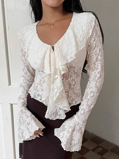Sheer Floral Lace Women Blouse - White Elegant V-Neck Bell Sleeve Top - Coquette Fairycore Spring Date Night Wear 2026