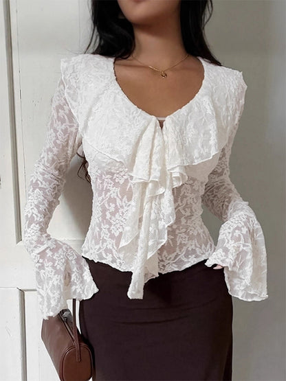 Sheer Floral Lace Women Blouse - White Elegant V-Neck Bell Sleeve Top - Coquette Fairycore Spring Date Night Wear 2026