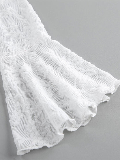 Sheer Floral Lace Women Blouse - White Elegant V-Neck Bell Sleeve Top - Coquette Fairycore Spring Date Night Wear 2026