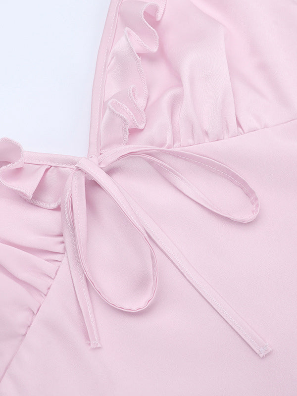 Baby Pink Women Maxi Dress - Elegant Ruffle V-Neck Tie Front Slip - Coquette Aesthetic Summer Vacation Beach Dress 2026