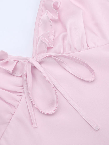 Baby Pink Women Maxi Dress - Elegant Ruffle V-Neck Tie Front Slip - Coquette Aesthetic Summer Vacation Beach Dress 2026