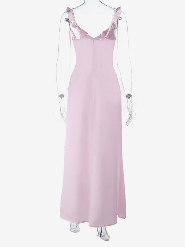 Baby Pink Women Maxi Dress - Elegant Ruffle V-Neck Tie Front Slip - Coquette Aesthetic Summer Vacation Beach Dress 2026
