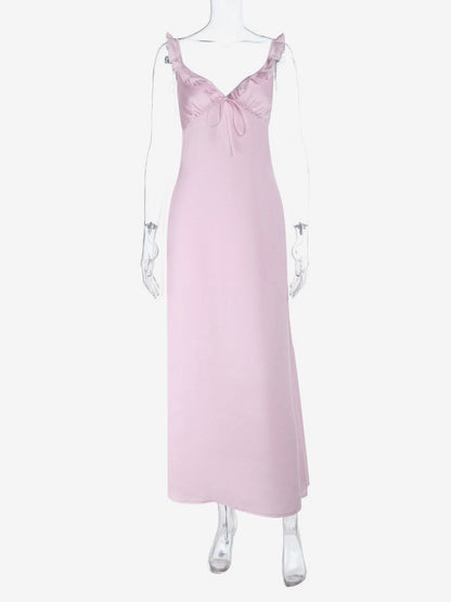 Baby Pink Women Maxi Dress - Elegant Ruffle V-Neck Tie Front Slip - Coquette Aesthetic Summer Vacation Beach Dress 2026