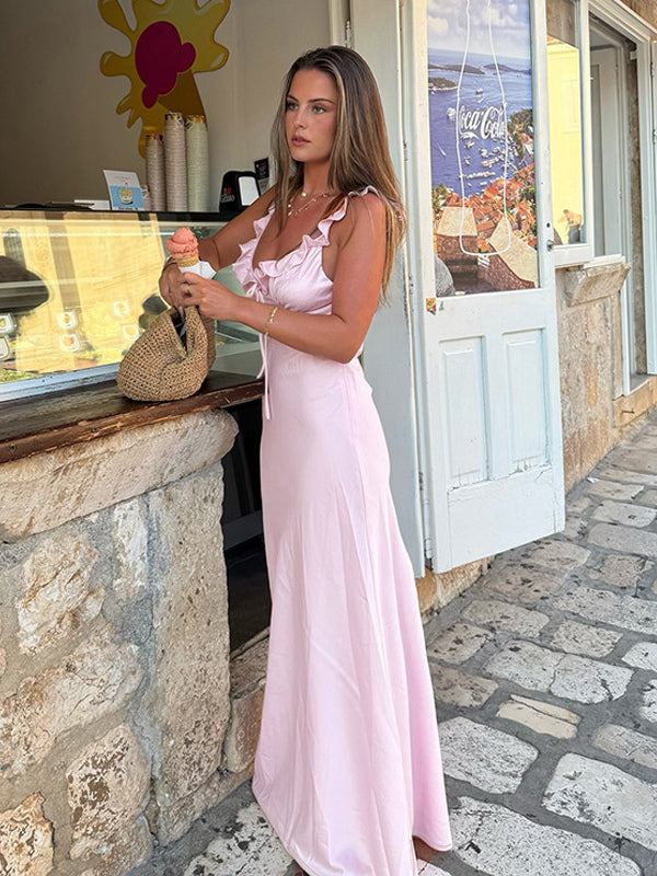 Baby Pink Women Maxi Dress - Elegant Ruffle V-Neck Tie Front Slip - Coquette Aesthetic Summer Vacation Beach Dress 2026