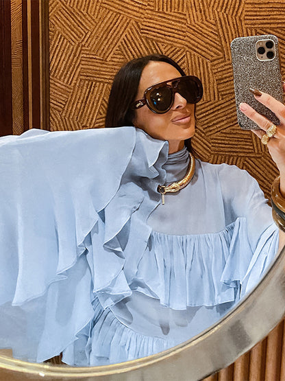 Tiered Ruffle Light Blue Women Blouse - Elegant High Neck Bell Sleeve Top - Boho Chic Beach Wear 2026