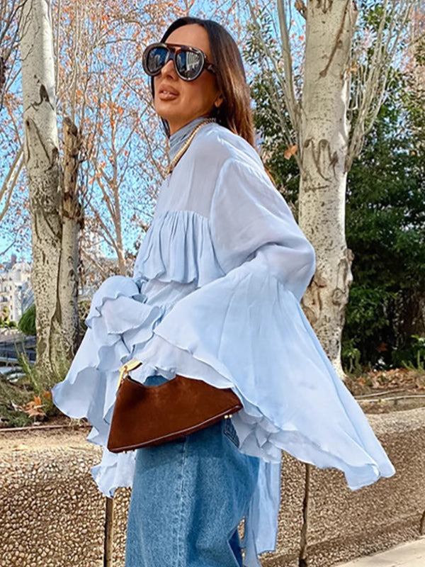 Tiered Ruffle Light Blue Women Blouse - Elegant High Neck Bell Sleeve Top - Boho Chic Beach Wear 2026