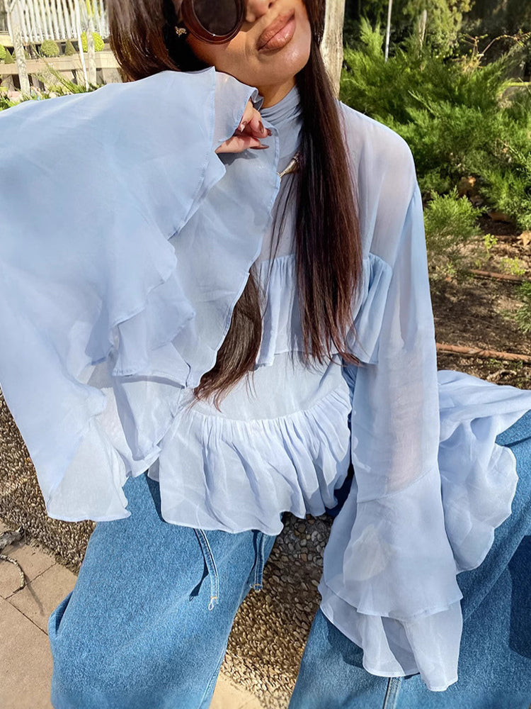 Tiered Ruffle Light Blue Women Blouse - Elegant High Neck Bell Sleeve Top - Boho Chic Beach Wear 2026