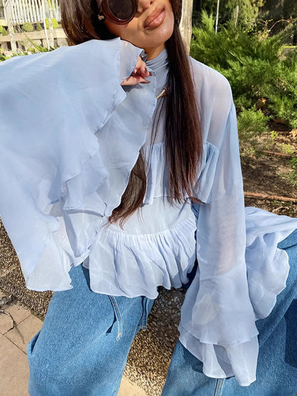 Tiered Ruffle Light Blue Women Blouse - Elegant High Neck Bell Sleeve Top - Boho Chic Beach Wear 2026