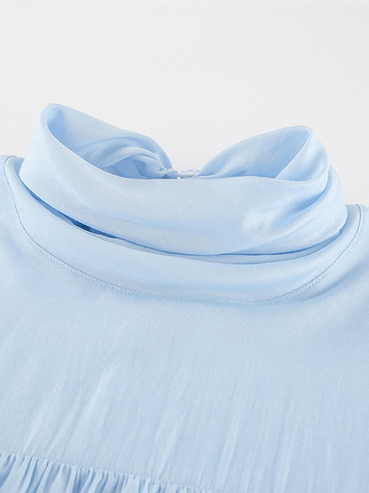 Tiered Ruffle Light Blue Women Blouse - Elegant High Neck Bell Sleeve Top - Boho Chic Beach Wear 2026