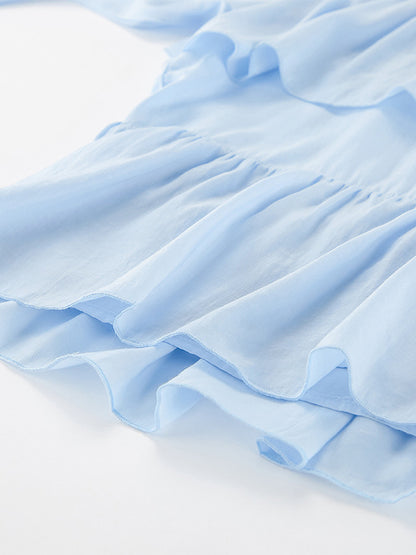 Tiered Ruffle Light Blue Women Blouse - Elegant High Neck Bell Sleeve Top - Boho Chic Beach Wear 2026