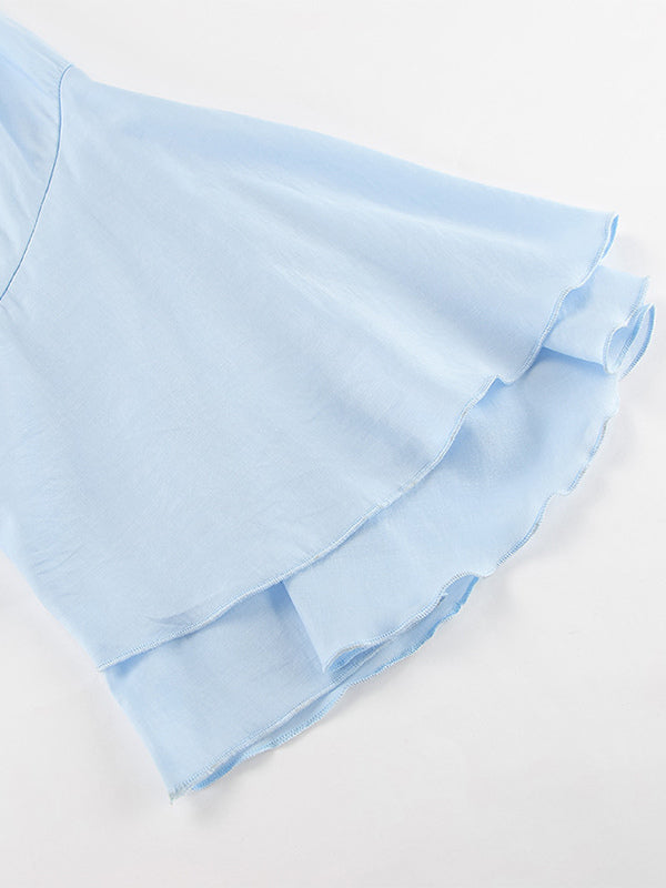 Tiered Ruffle Light Blue Women Blouse - Elegant High Neck Bell Sleeve Top - Boho Chic Beach Wear 2026