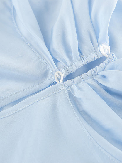 Tiered Ruffle Light Blue Women Blouse - Elegant High Neck Bell Sleeve Top - Boho Chic Beach Wear 2026