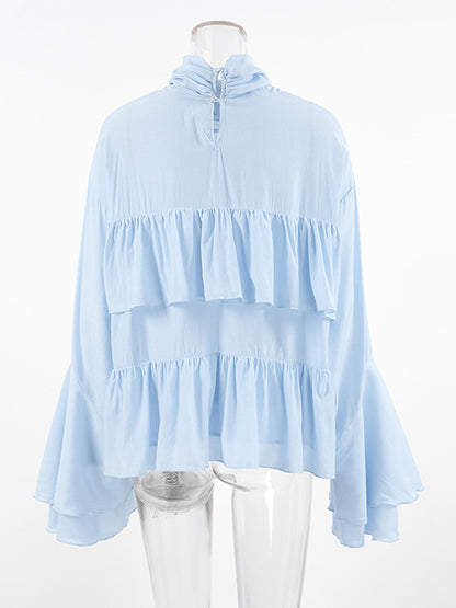 Tiered Ruffle Light Blue Women Blouse - Elegant High Neck Bell Sleeve Top - Boho Chic Beach Wear 2026
