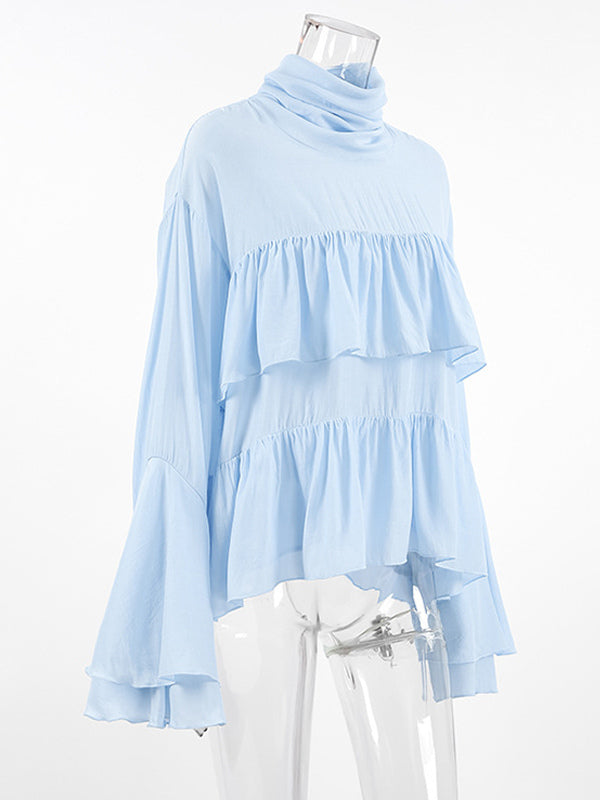 Tiered Ruffle Light Blue Women Blouse - Elegant High Neck Bell Sleeve Top - Boho Chic Beach Wear 2026