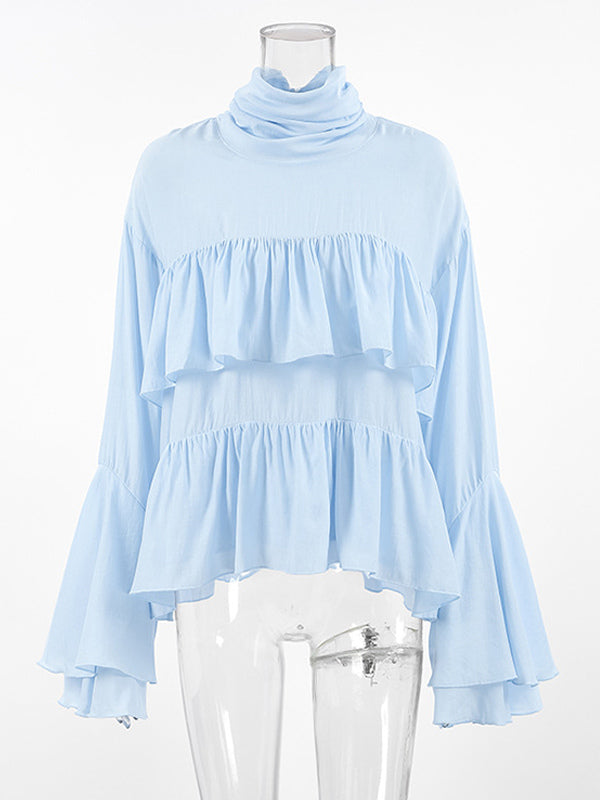 Tiered Ruffle Light Blue Women Blouse - Elegant High Neck Bell Sleeve Top - Boho Chic Beach Wear 2026