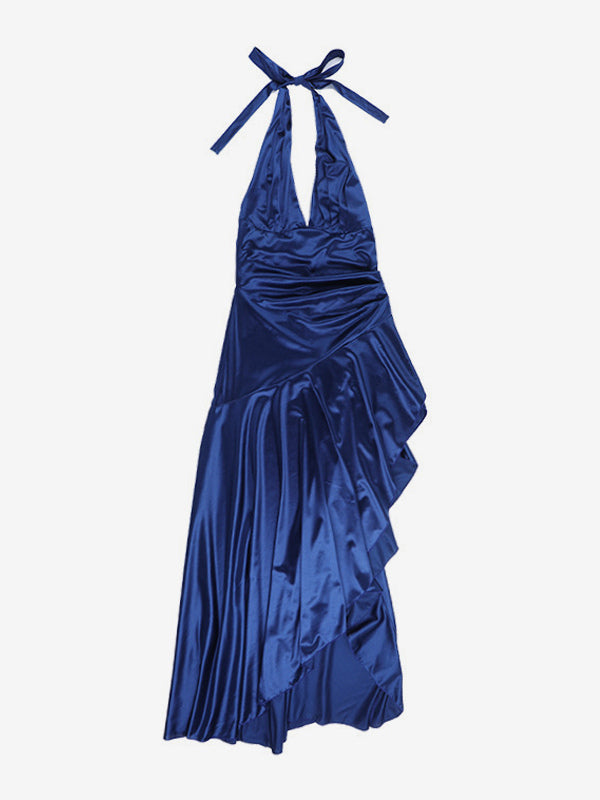 Royal Blue Women Maxi Slit Dress - Elegant Halter Neck Asymmetric Ruffle Hem Gown - Vintage Glam Summer Party Wear 2026