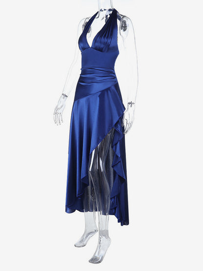 Royal Blue Women Maxi Slit Dress - Elegant Halter Neck Asymmetric Ruffle Hem Gown - Vintage Glam Summer Party Wear 2026
