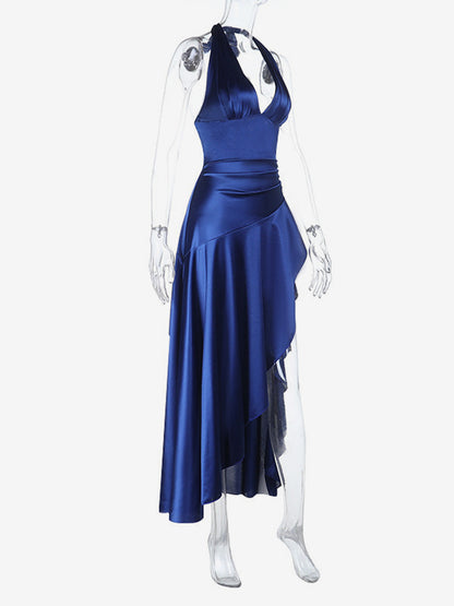 Royal Blue Women Maxi Slit Dress - Elegant Halter Neck Asymmetric Ruffle Hem Gown - Vintage Glam Summer Party Wear 2026