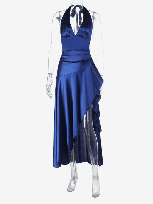 Royal Blue Women Maxi Slit Dress - Elegant Halter Neck Asymmetric Ruffle Hem Gown - Vintage Glam Summer Party Wear 2026