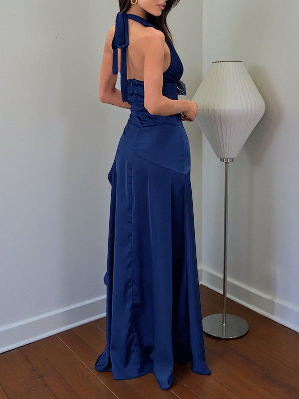 Royal Blue Women Maxi Slit Dress - Elegant Halter Neck Asymmetric Ruffle Hem Gown - Vintage Glam Summer Party Wear 2026
