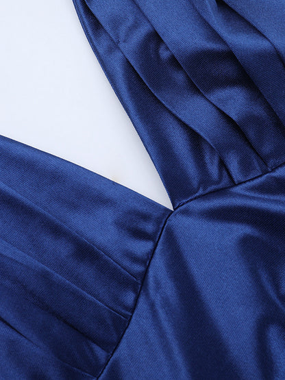 Royal Blue Women Maxi Slit Dress - Elegant Halter Neck Asymmetric Ruffle Hem Gown - Vintage Glam Summer Party Wear 2026