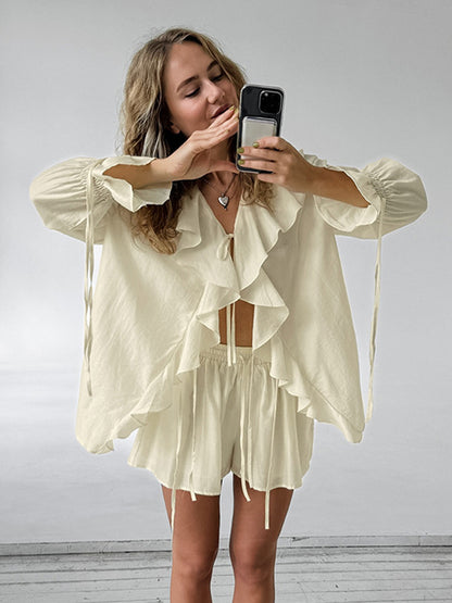 Ruffle Shirt And Shorts Two Piece Set For Women - Cream Boho Flare Sleeve Tie Front - Summer Beach Vacation Outfit 2026