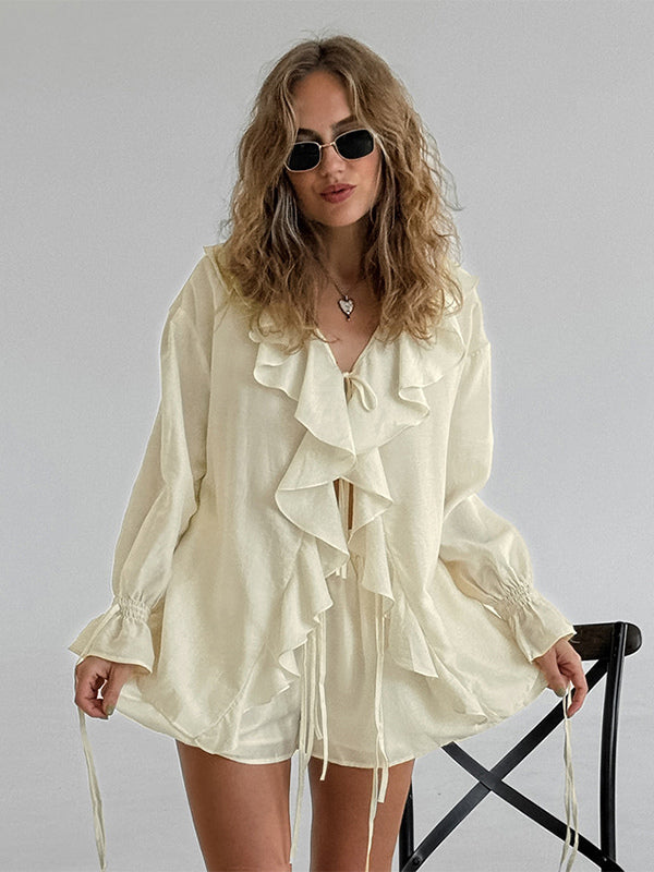 Ruffle Shirt And Shorts Two Piece Set For Women - Cream Boho Flare Sleeve Tie Front - Summer Beach Vacation Outfit 2026
