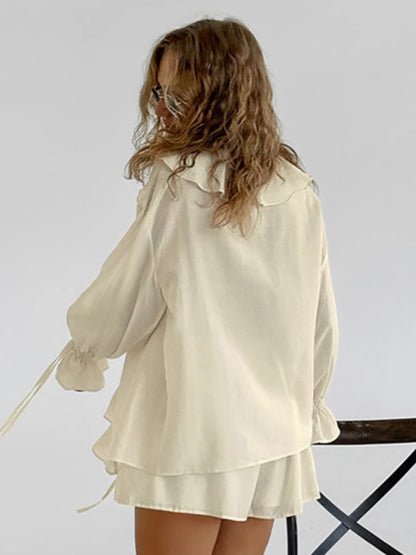 Ruffle Shirt And Shorts Two Piece Set For Women - Cream Boho Flare Sleeve Tie Front - Summer Beach Vacation Outfit 2026