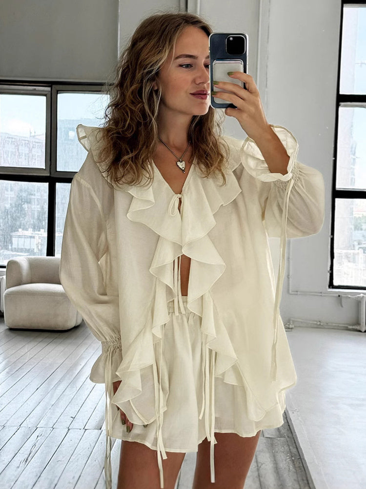 Ruffle Shirt And Shorts Two Piece Set For Women - Cream Boho Flare Sleeve Tie Front - Summer Beach Vacation Outfit 2026
