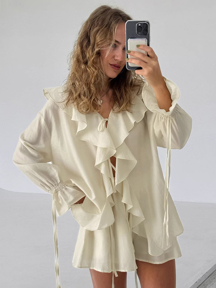 Ruffle Shirt And Shorts Two Piece Set For Women - Cream Boho Flare Sleeve Tie Front - Summer Beach Vacation Outfit 2026