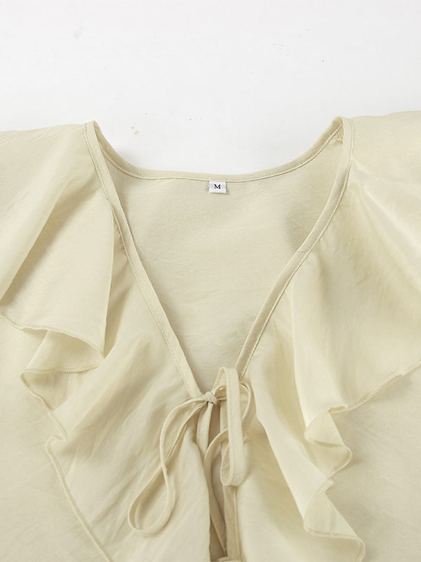 Ruffle Shirt And Shorts Two Piece Set For Women - Cream Boho Flare Sleeve Tie Front - Summer Beach Vacation Outfit 2026