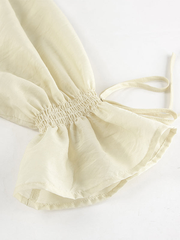 Ruffle Shirt And Shorts Two Piece Set For Women - Cream Boho Flare Sleeve Tie Front - Summer Beach Vacation Outfit 2026
