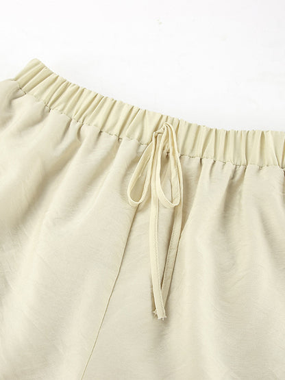 Ruffle Shirt And Shorts Two Piece Set For Women - Cream Boho Flare Sleeve Tie Front - Summer Beach Vacation Outfit 2026