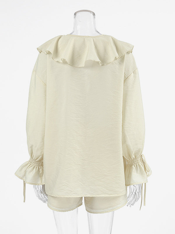 Ruffle Shirt And Shorts Two Piece Set For Women - Cream Boho Flare Sleeve Tie Front - Summer Beach Vacation Outfit 2026