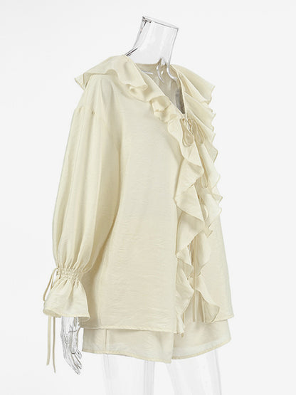Ruffle Shirt And Shorts Two Piece Set For Women - Cream Boho Flare Sleeve Tie Front - Summer Beach Vacation Outfit 2026