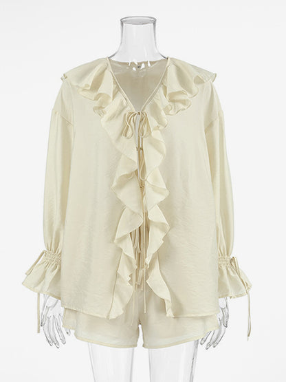 Ruffle Shirt And Shorts Two Piece Set For Women - Cream Boho Flare Sleeve Tie Front - Summer Beach Vacation Outfit 2026