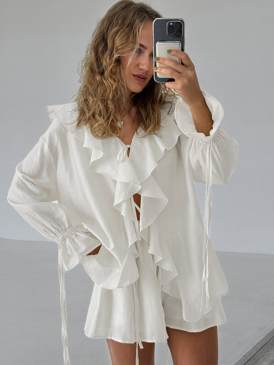 Ruffle Shirt And Shorts Two Piece Set For Women - Cream Boho Flare Sleeve Tie Front - Summer Beach Vacation Outfit 2026
