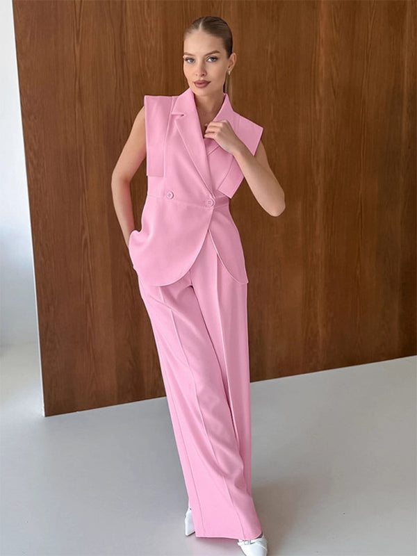 Sleeveless Blazer Set For Women Business Casual - Pink Chic Double Breasted Tailored Cut - 2026 Summer Work Outfit