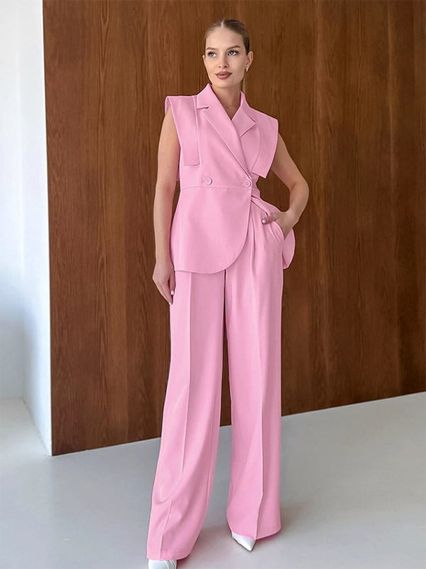 Sleeveless Blazer Set For Women Business Casual - Pink Chic Double Breasted Tailored Cut - 2026 Summer Work Outfit