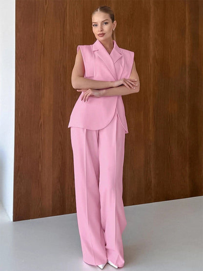 Sleeveless Blazer Set For Women Business Casual - Pink Chic Double Breasted Tailored Cut - 2026 Summer Work Outfit