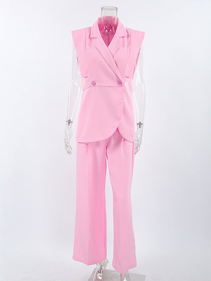 Sleeveless Blazer Set For Women Business Casual - Pink Chic Double Breasted Tailored Cut - 2026 Summer Work Outfit